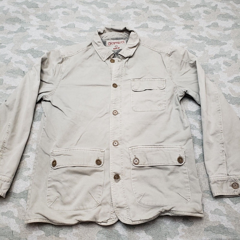 Gramicci Coat Mens Large Gray Pockets Long Sleeve Button-Up Field Barn Lined